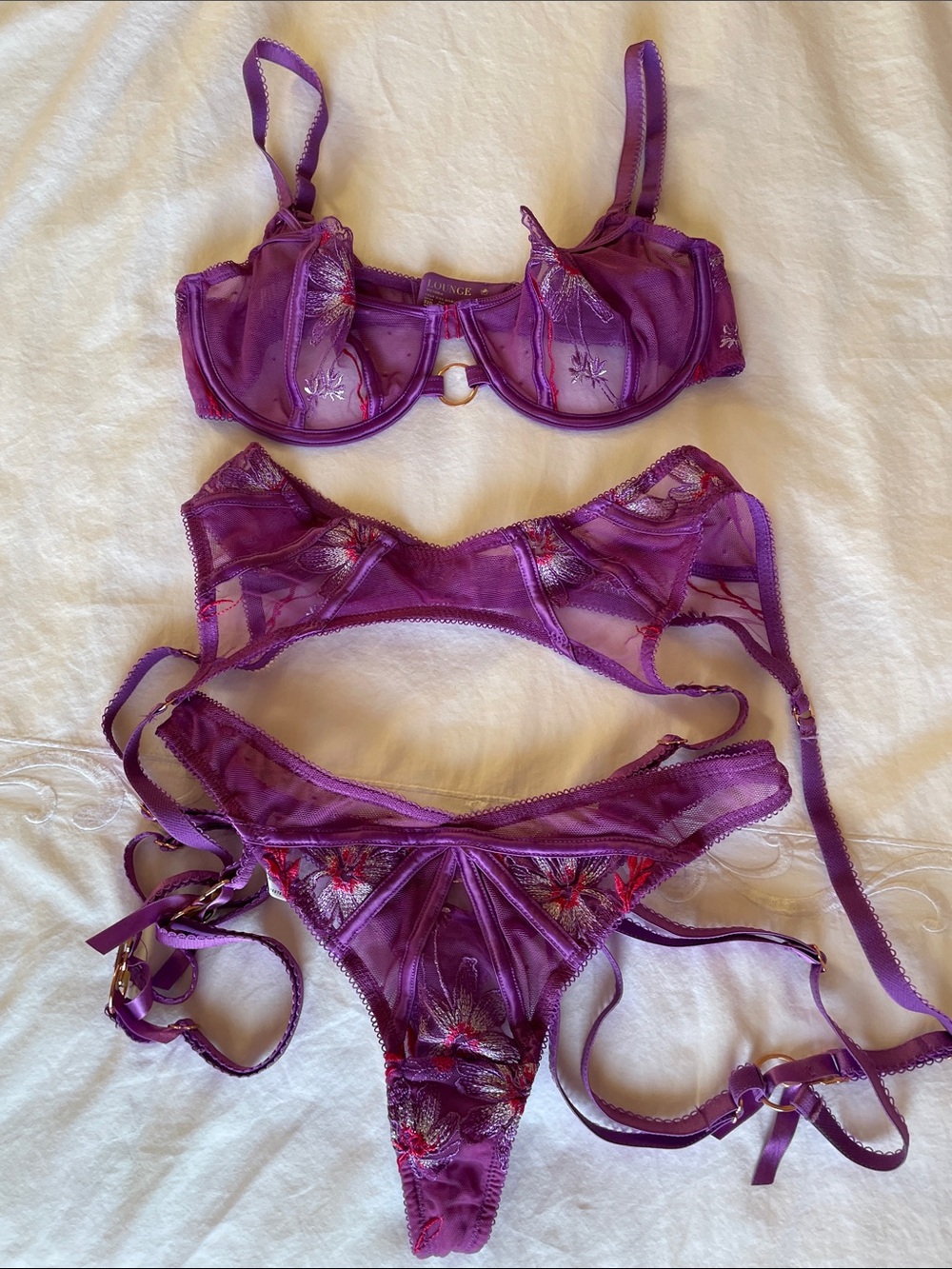 Lounge Victoria Purple Floral Sheer Lingerie Set-Bra, Garter Belt & Panties